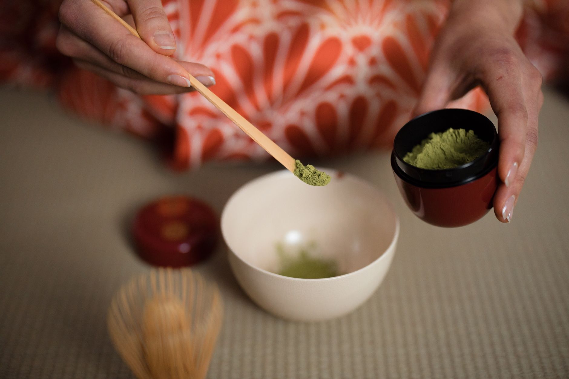 Japanese matcha ceremony bowl and bamboo whisk